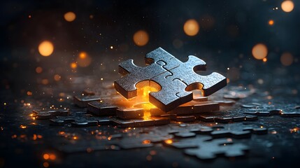 Poster - Interlocking puzzle pieces coming together to ignite a bright glowing light   Symbolic representation of collaborative problem solving strategic partnership