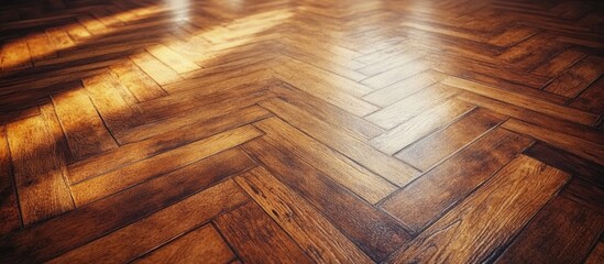 Poster - Beautiful patterned wooden floor with herringbone design showcasing rich textures and warm lighting in a spacious setting.