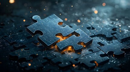 Poster - Puzzle pieces arranged in a reflective and dynamic pattern symbolizing the challenge of finding solutions the power of teamwork and innovation and the ever changing nature of progress and growth
