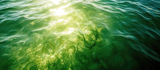 Poster - Clear turquoise sea water illuminated by sunlight, showcasing vibrant green algae beneath the surface in a serene underwater scene.