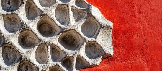 Poster - Cement texture detail on a vibrant red background highlighting industrial design and artistic elements in contemporary architecture