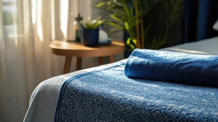 Poster - Portable oshibori towel elegantly placed on a bedside table enhancing a serene bedroom ambiance with natural light and calming decor.
