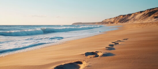 Poster - Footprints in soft golden sand along a serene beach shoreline with gentle waves and a clear blue sky at sunset