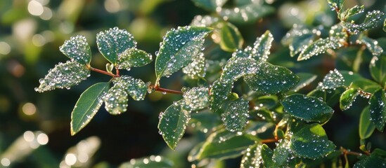 Poster - Fresh green leaves adorned with glistening dew droplets in a natural setting during the early morning light.