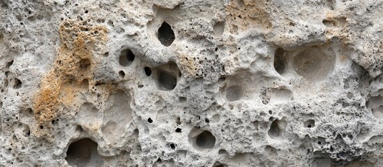 Poster - Textured porous stone surface with natural holes and grooves showcasing geological formations and mineral variations.