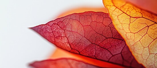 Poster - High magnification close-up of colorful plant leaves showcasing intricate textures and details in vibrant hues of red and orange