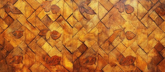 Wall Mural - Intricate wooden parquet flooring with plant motifs showcasing a warm yellow-red color palette in a detailed top view perspective.