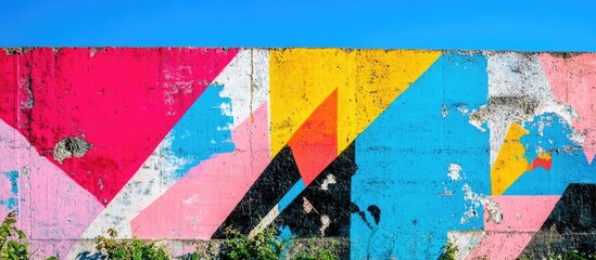 Wall Mural - Colorful abstract mural on weathered concrete wall against clear blue sky showcasing vibrant geometric patterns and artistic expression.