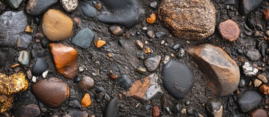 Poster - Natural stone ground texture featuring a variety of colorful pebbles and rocks in an outdoor setting, ideal for backgrounds or design projects.