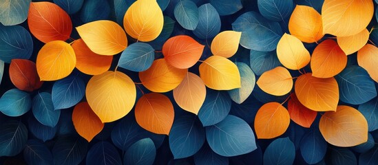 Poster - Intricate leaf pattern design featuring vibrant leaves in warm tones against a dark background showcasing nature's delicate beauty.