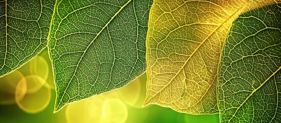 Poster - Vibrant close-up of green and yellow maple leaves showcasing intricate textures and colors against a soft bokeh background.