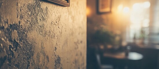 Poster - Textured wall close up in a cozy interior setting with soft lighting and blurred background elements.