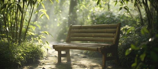 Poster - Serene bamboo bench in a lush garden setting surrounded by greenery and soft light, perfect for relaxation and nature appreciation.