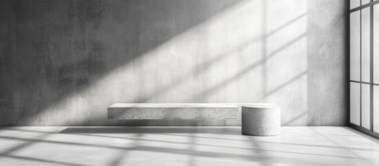 Poster - Minimalist polished concrete interior with natural light and dynamic shadow patterns creating a modern aesthetic for design projects.