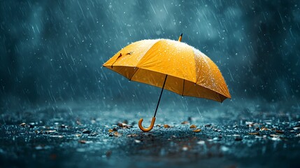 Poster - Bright yellow umbrella shielding from heavy rain on a city street with puddles reflecting the vibrant colors and creating a serene nostalgic atmosphere on an autumn day