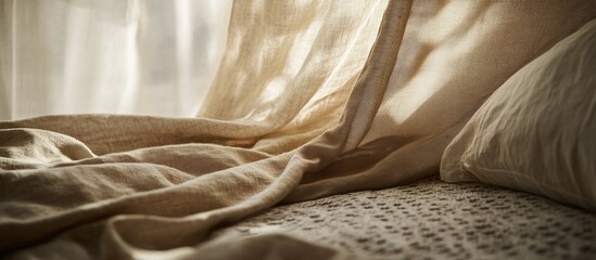 Poster - Textured bed curtain draping softly over a cozy bed with sunlight filtering through, creating a warm and inviting atmosphere.