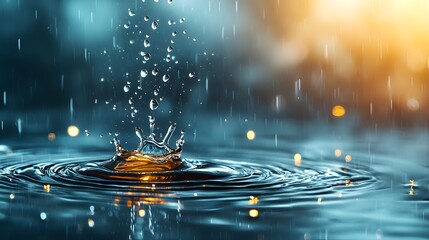Poster - Stunning image of a vibrant raindrop splash creating a dynamic ripple effect on the calm surface of a puddle reflecting the peaceful landscape and warm glowing sunset colors
