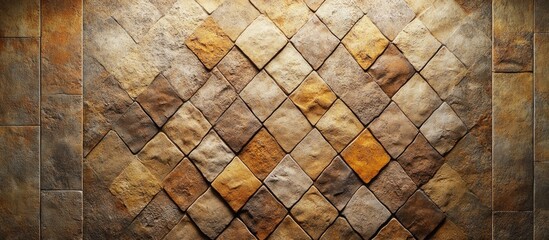 Poster - Textured wall with diamond-shaped stone tiles in earthy tones suitable for backgrounds and interior design projects.
