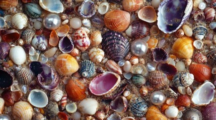 Poster - Colorful sea shells and pearls on sandy beach creating a serene marine vacation atmosphere perfect for summer beach themes.
