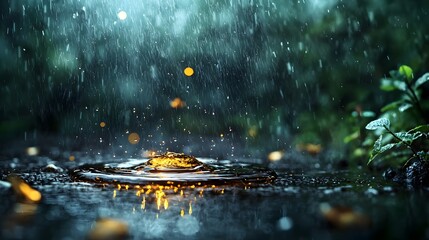 Poster - Peaceful autumn rainstorm with water droplets splashing in a serene forest pond  Tranquil nature scene with reflection of trees leaves and muted colors in the calm rippling water