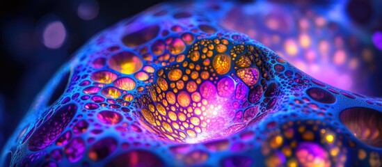 Poster - Vibrant close-up of a soap bubble showcasing colorful patterns and luminous reflections under light in a dreamy abstract composition.