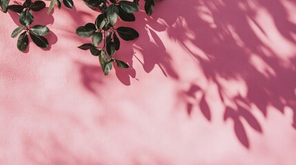 Poster - Tropical Leaves Casting Shadows on a Soft Pink Wall Creating an Aesthetic Background