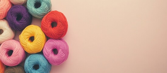 Poster - Colorful yarns for knitting arranged in a circle on a beige background with ample copy space for creative projects and design purposes.
