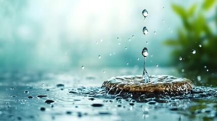 Poster - Mesmerizing Raindrop Splash on Water Surface with Abstract Art and Design  Beautiful macro shot of a single water droplet creating dynamic patterns and ripples on the wet surface