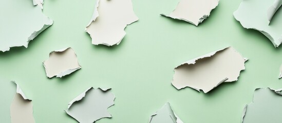 Poster - Torn paper texture in various shapes laid out on a soft green background creating a visually appealing composition for design projects.