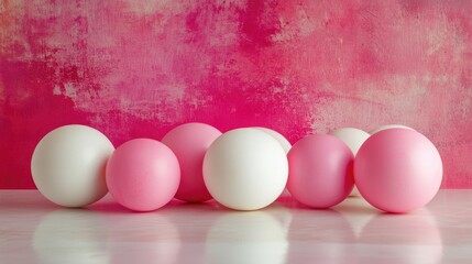 Poster - Playful arrangement of pink and white balls on a smooth surface with a vibrant pink textured background