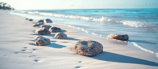 Poster - Coral rocks on a pristine beach with white sand and gentle waves under clear blue skies