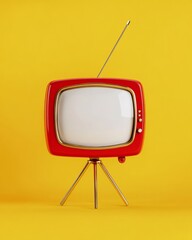 Leinwandbilder - Retro Revival Vibrant Red Vintage TV Against Golden Background - Classic Media Aesthetics for Creative Marketing and Broadcast History Storytelling