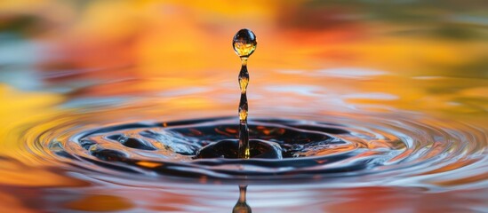 Poster - Bright oil droplets creating mesmerizing ripples on water with a vibrant, colorful background in close-up detail.