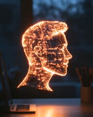 Fototapete - AI-Enhanced Remote Work Environment Digital Human Hologram on Screen with Neural Grid Overlay Innovative Technology for Collaborative Virtual Office Solutions and Modern Team Dynamics