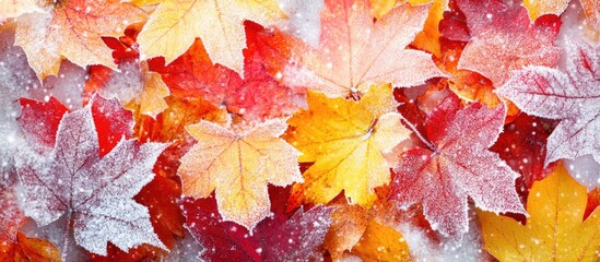 Poster - Autumn leaves displaying vibrant colors dusted with gentle snowflakes creating a serene seasonal contrast