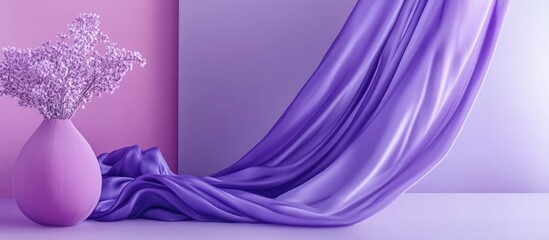 Fototapete - Vibrant violet polyester scarf draped against a pastel background with natural lighting showcasing texture and shadow play