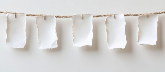 Poster - Torn white paper pieces on a wooden stick against a white background with copy space for notes or announcements decorative imagery
