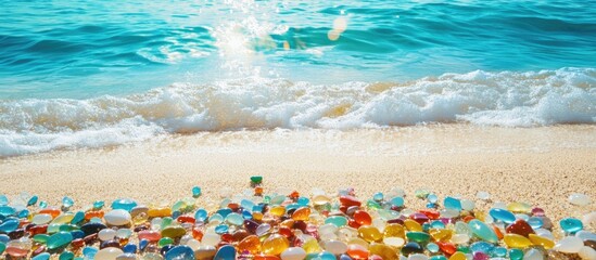 Poster - Vibrant collection of colorful pebbles and glass on a serene seashore with gentle waves and sparkling water under a bright sun