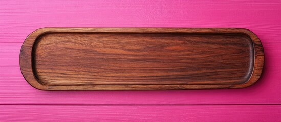 Poster - Wooden Tray on Pink Wooden Background with Empty Space for Beauty or Makeup Text and Accessories Display