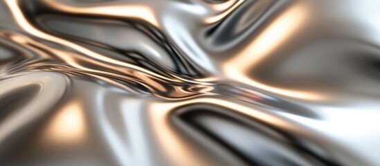 Fototapete - Reflective polished metal surface with fluid-like texture and luminous highlights creating an abstract metallic backdrop for design projects.