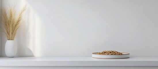 Poster - Podium for Flavored Cat Bait Display with Empty Wall Space for Custom Text and Minimalistic Decor in Bright Room Setting