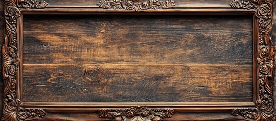 Poster - Vintage ornate photo frame on rustic wooden backdrop ideal for showcasing art or photographs in a classic style setting.