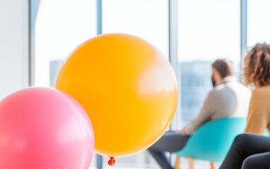 Poster - Vibrant Office Relaxation Team Brainstorming in Lively Open Workspace with Comfy Chairs and Balloons - Creative Collaboration and Contemporary Workplace Wellness