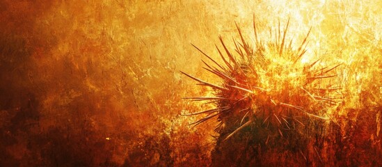 Poster - Cactus portrait illuminated by warm, radiant light highlighting its unique textures and spines against a dramatic, fiery background.