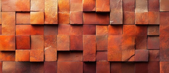 Poster - Textured wall of red and orange brick blocks showcasing a warm and rustic design ideal for architectural or interior backgrounds.