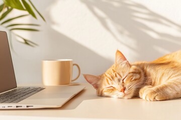 Poster - Contemporary Pet-Friendly Office Minimalist Desk with Laptop and Cat - Enhancing Work-From-Home Spaces for Productivity and Calm with Sustainable Design Elements