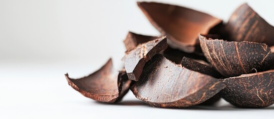 Poster - Coconut shell fragments artistically arranged on a clean white background highlighting natural textures and earthy tones