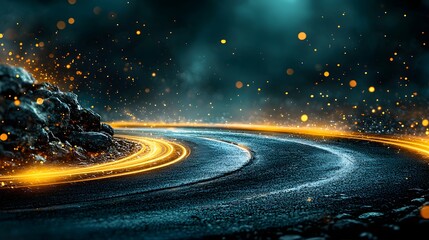 Poster - glowing winding road cutting through a dramatic otherworldly landscape with a tunnel of swirling blu