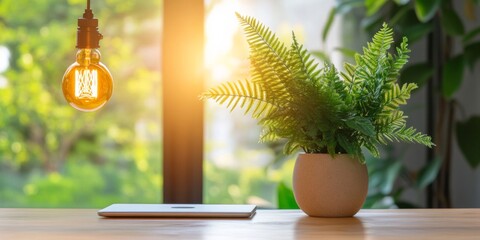Aufkleber - Industrial-Chic Startup Office Green Plant in Stone Pot with Retro Lighting and Tablet - Modern Workspace Aesthetics for Creative Collaboration and Eco-Friendly Design