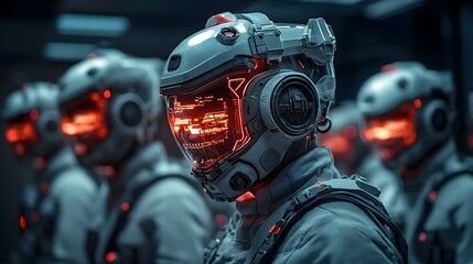 Poster - Powerful Imposing Futuristic Cyborg Warrior Robot with Glowing Red Lights Standing in a Moody Dramatic Dark Environment  Advanced Intelligence Technology Machinery and Innovation Concept